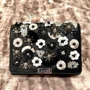 Michael Kors Black Floral Jade Gusset Leather Crossbody Bag